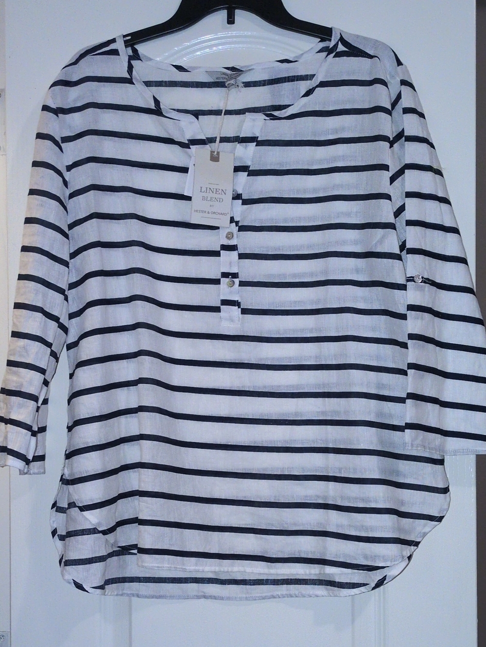 Striped Linen-Blend Women’s Top - White & Navy Blue